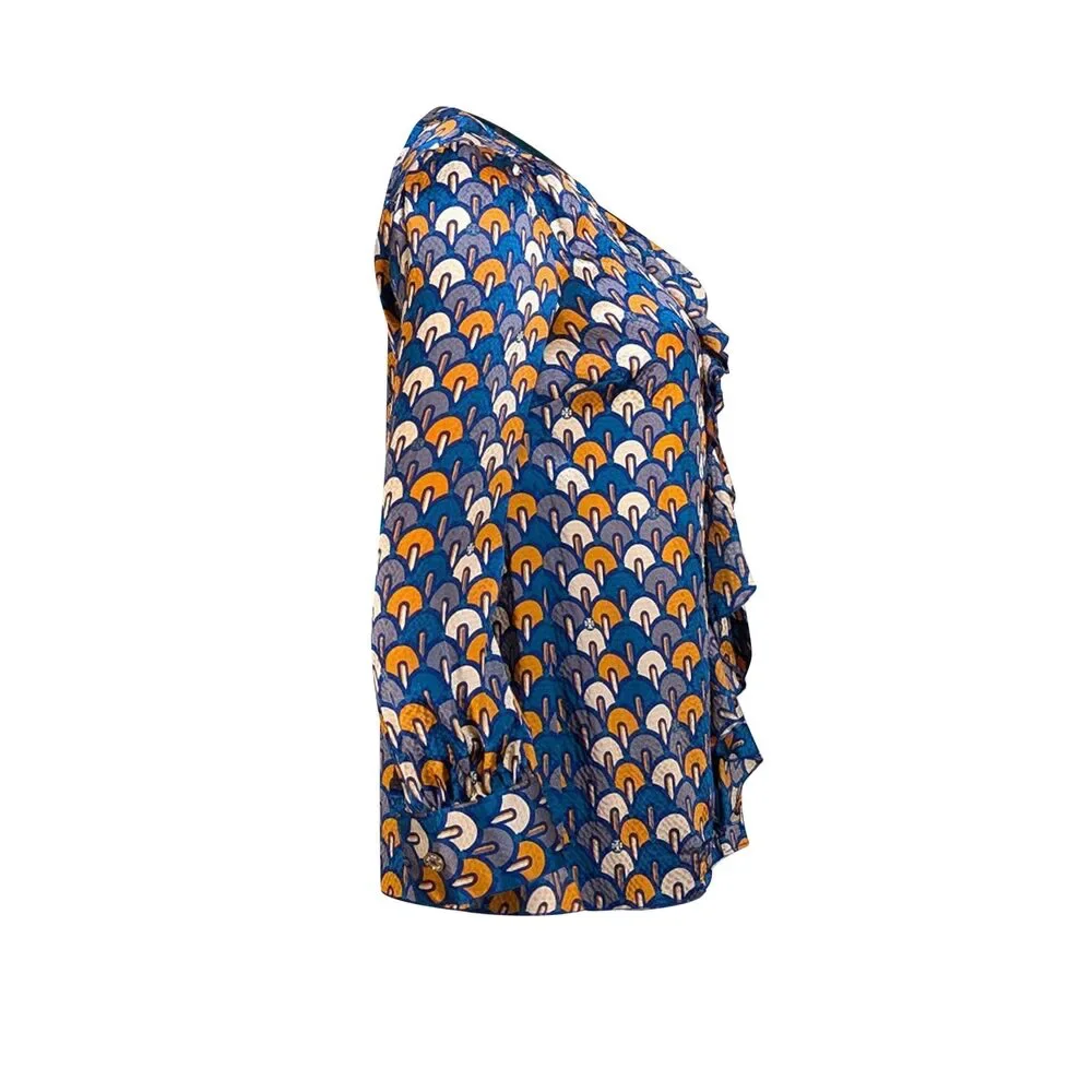 Tory Burch - Blue, Grey, & Mustard Print Ruffle Front Blouse Sz 2